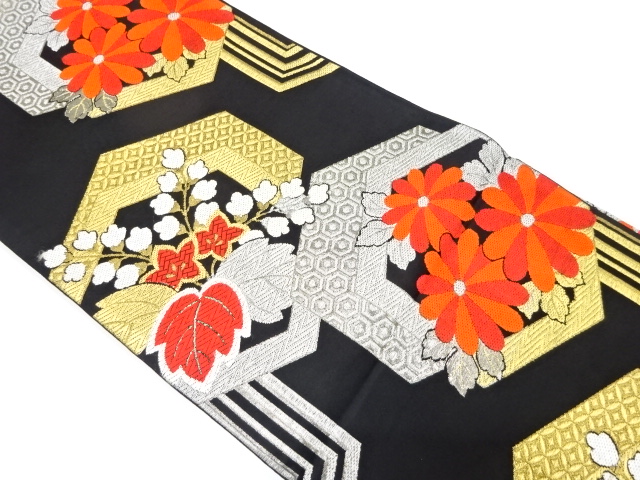 アンティーク　亀甲重ねに桐・花模様織り出し袋帯（着用可）